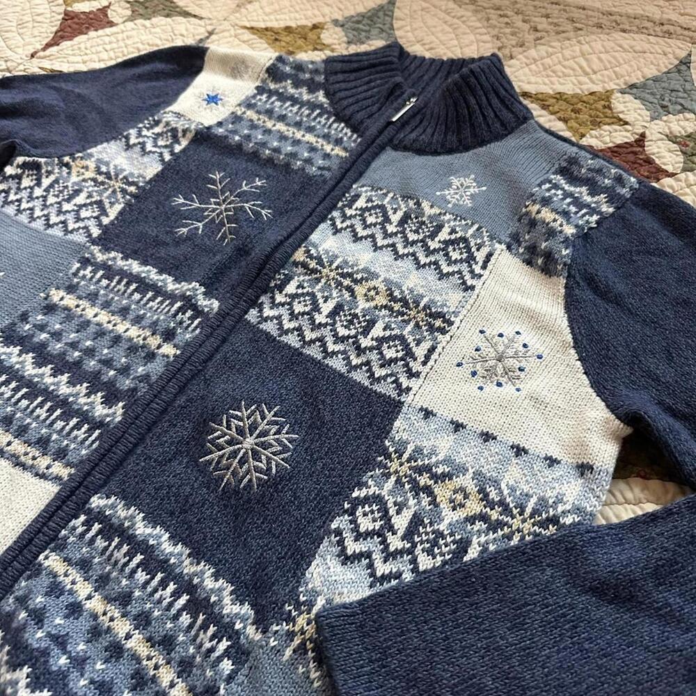 Whimsical Vintage 90s cozy winter snowflake zip patchwork cardigan size M - Picture 2 of 5